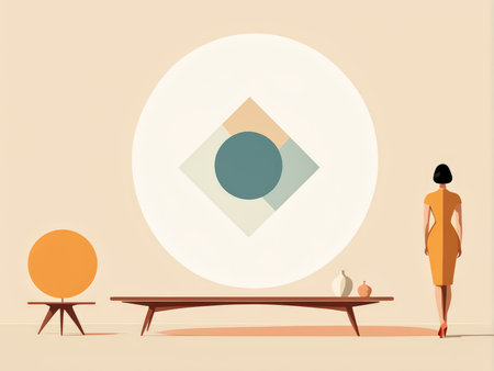 Minimalist Abstract Oasis An Oval Frame Artwork Capturing Movement and Contextual Details in Harmonious Geometric Arrangementsの素材