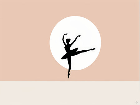 Fluid Motion A Balletic Silhouette Dances Serenely Against a White Circle Backgroundの素材
