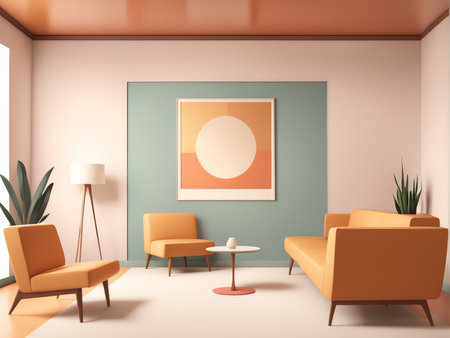 Charming Living Room Decor Warm Colors, Elegant Ambiance Through Orange Furniture, Large Painting, Floor Lamps, and Potted Plantsの素材