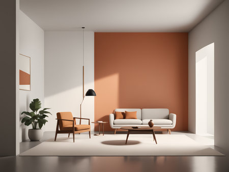 Modern Living Room Transformation An Orange Sofa Set, White Walls, Warm Accent, and Cozy Lightingの素材