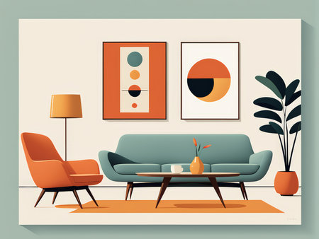 Revitalizing Mid-Century Modern Living Room Vibrant Colors and Chic Design Elementsの素材