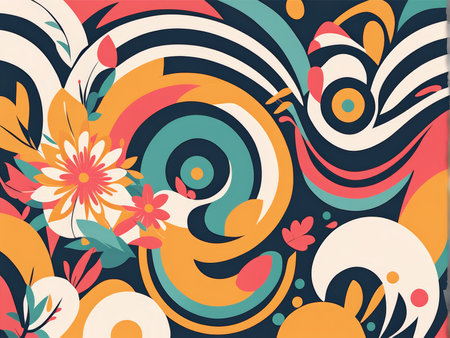 Floral Pop Art Abstract Wonderland A Vibrant Colorful Scene Featuring Dynamic Swirls and Abstract Elementsの素材