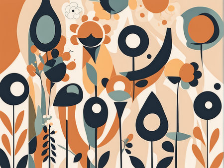 Mid-Century Modern Floral Harmony A Black, Orange, Green Artistic Composition on Off-White Backgroundの素材