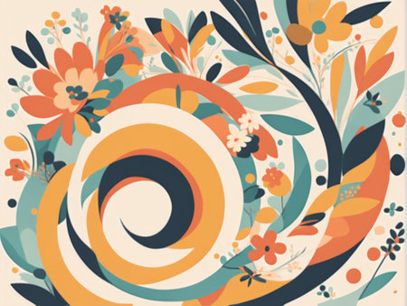 Radiant Bloom A Vibrant Floral Illustration in Shades of Orange, Red, Blue-Green, Mustard Yellow, Navy-Blue, Dark Green, Tan-Beige, Cream-White, Brown-Black, White-Gray, Soft Pink,の素材