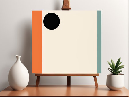 An Elegant Canvas An Orange Rectangle Dominates an Easel Adjacent to a Vase and Pot Plant in a Gray-Wall Roomの素材