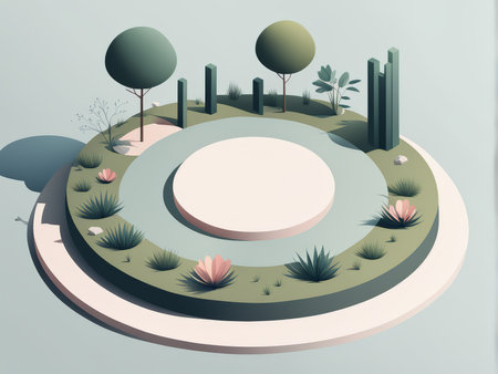 Abstract Garden Design A Modern Flat Color Illustration Depicting Circular Landscape Elements for Urban Planning and Environmental Studies Presentationsの素材
