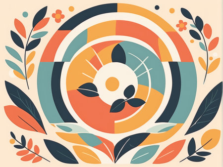 Floral Bloom in Circular Design Delicate Leaves Adorned Around the Center Flowerの素材