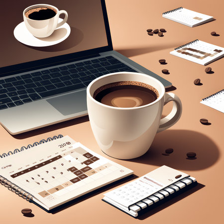 Productive From Home A Work Setup Featuring Open Laptop and Two Cups of Coffeeの素材