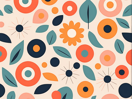 Floral Bloom A Colorful Palette of Shapes and Patterns in Orange, Pink, Blue, Teal, Navy, Coral, Black, Dark Red, Maroon, Grey, Brown, and Light Yellow on Cream Backgroundの素材
