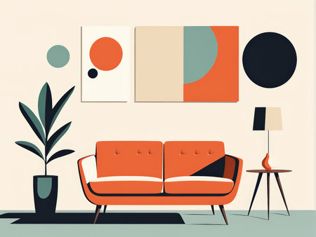 Mid-Century Modern Living Room Interior Design A Cozy Retreat Arranged in Muted Warm Colorsの素材