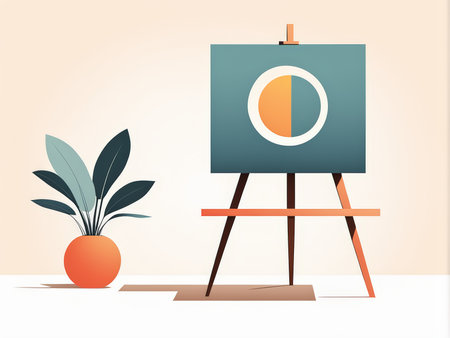 Artistic Easel Scene A Simplified Circle Division Painting on White Surface Against Peach Background - Ideal Setting for Creativity & Reflection in Various Spacesの素材
