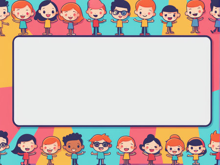 Joyful Vibes A Colorful Poster Featuring Cartoon-Style Illustrations of Children in Vibrant Backgroundsの素材