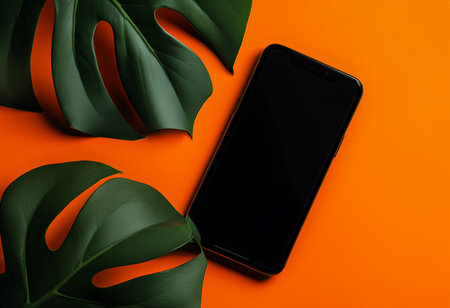 Juxtaposing Natural Beauty with Cutting-Edge Technology A Sleek Smartphone Composed Among Green Monstera Leaves on an Orange Background - A High Contrast Aesthetic and Minimalist Dの素材