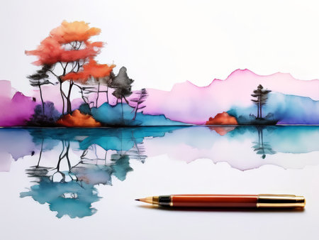 Vibrant Tranquility A Watercolor Landscape Painting Capturing Serene Elements and Artistic Reflectionsの素材
