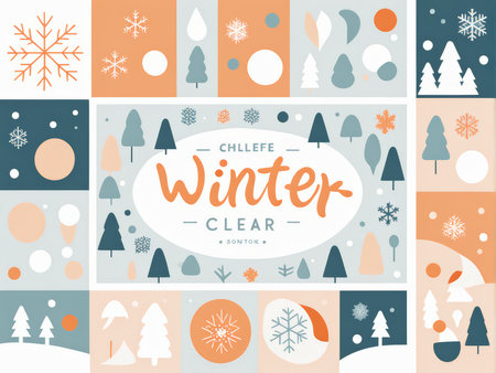 Winter Wonderland A Debut Collection Featuring Snowflakes, Geometric Patterns, and Rich Color Palette in Blue, Orange, Grey, White, Teal, Peach, Navy Blue, Dark Green, Coral Pink,の素材