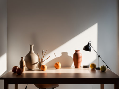 Vase Delight An Enchanting Table Setting Amidst Shadows Cast by Desk Lampの素材