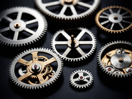 Precision Mechanism Unveiled A Close-Up Look at Varying Metallic Cogs in Dark Backgroundの素材
