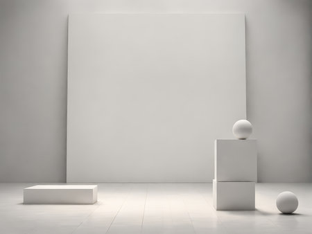 Geometric Harmony A Monochrome Still Life Featuring Balanced White and Gray Rectangular Blocks and Sphere Arrangementsの素材