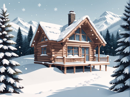 Snowy Wonderland A Cartoony Wooden Cabin in a Whimsical Winter Landscapeの素材