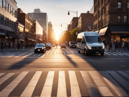 Charming Urban Scene A Thriving Street with Vehicles and People Amidst Vibrant Buildings Under Sunlit Skiesの素材