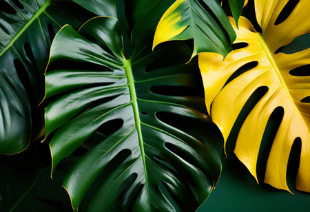 Monstera Deliciosa Iconic Large Green Leaves in Vibrant Yellow Accents Against Dark Background - A Captivating Visual Composition for Design Inspiration and Botanical Studiesの素材