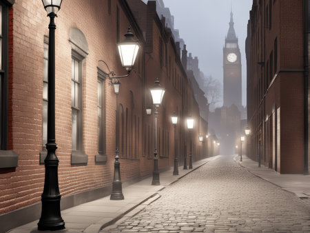 Cityscape at Dawn A Distant Look at Daytime Urban Life Under Misty Conditionsの素材