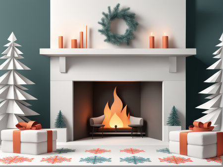 Adorned with Warmth A Beautiful Fireplace Decorated with Wreaths, Candles, and Gift Boxesの素材