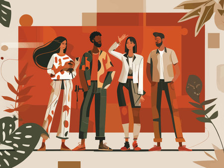 Chaos Dance: Four Figures in Vibrant Orange Cityscapesの素材