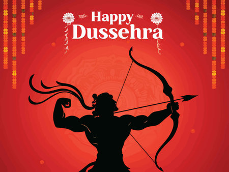 Lord Rama's Triumph: A Vibrant Celebration Poster Featuring Floral Patterns and Festive Lightsの素材