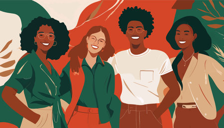 Joyful Gatherings: A Vibrant Illustration Showcasing Friends Enjoying a Harmonious Moment Together in Warm Colors and Bold Leavesの素材