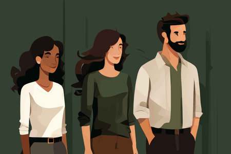 Confident Faces Against Indistinct Green Backdrop: A Casual to Business Casual Group Portrait Illustrationの素材