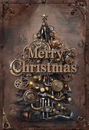 Electrifying 'Merry Christmas': An Innovative Metallic Christmas Tree Crafted in Brown Metal Backgroundの素材