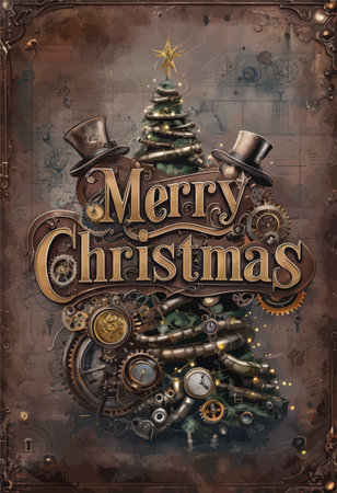Steampunk Holiday Magnificence: A Festive Illustration Featuring Ornate Mechanical Christmas Trees in Steampunk Styleの素材