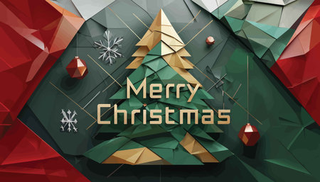 Glistening Geometric Magic: A Digitally Crafted Christmas Tree Artwork with Triangular Paper Cut Intricacies Against a Vibrant Red and Green Backgroundの素材