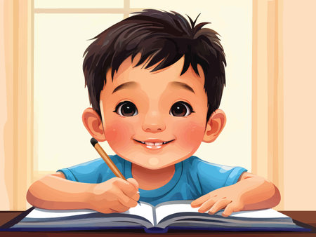 Cute little boy doing homework at home illustration. Cartoon character.の素材