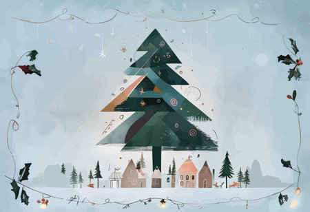 Joyful Winter Wonderland: A Muted Earth Tones Digital Illustration of a Stylized Christmas Tree and Whimsical House Environmentsの素材