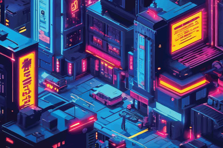 Metropolis At Night: Neon Illumination Over Urban Skyscrapers, Vibrant Electronic Billboards, Glowing Windows, and Futuristic Cityscape in Technicolor Eleganceの素材