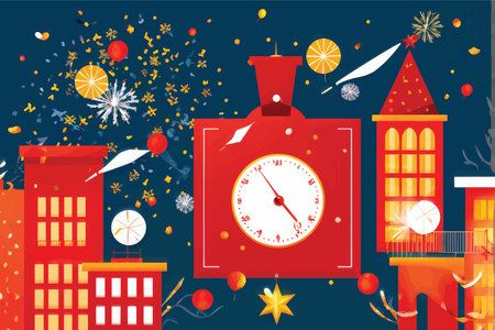 Jingyue 2023: Vibrant Red Skyscrapers and Fireworks in the Night Sky Illustrationの素材