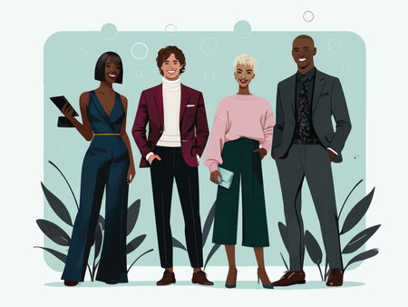Stylized Professionals in Muted Yet Vibrant Leafy Corporate Team Photo Illustrationの素材