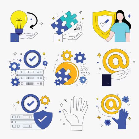 Iconic Visual Language: A Modern Approach to Information Graphics Utilizing Blue and Yellow Color Schemes with Simple Lines and Shapes in an Illustration Design Focused on Representing Various Concepts Across Different Fields.の素材