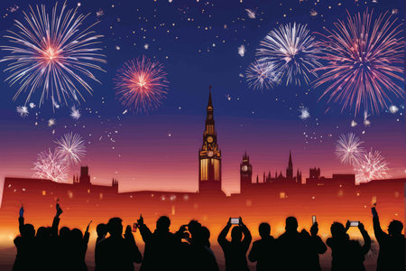 Silhouetted Spectacle: Capturing Fireworks Over Iconic City Landmarks at Nighttime Celebrationの素材