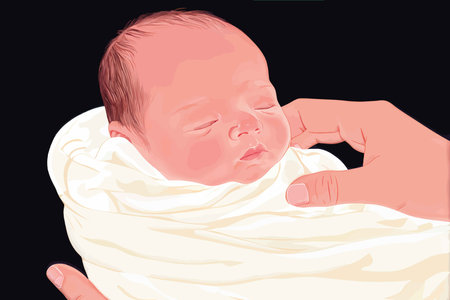 Relaxed Baby Wrapped in White Swaddling Cloth Under Adult Touch , Soft Tones and Dark Background Focusの素材