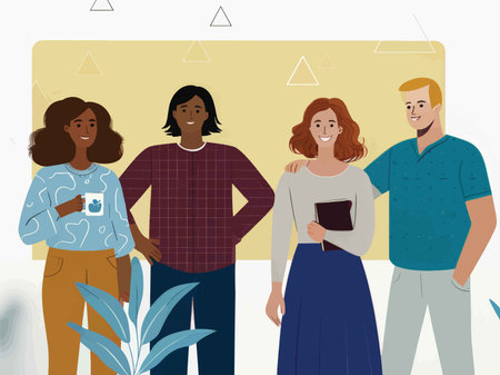 Unity in Diversity: A Modern Illustration Featuring Diverse Individuals Wearing Colorful Tops Against a Background of Beige, White, Pale Yellow, and Incorporating Nature Through a Plant at Bottom Leftの素材
