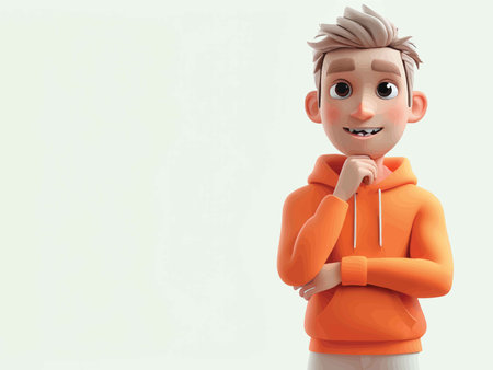 Joyful Skepticism: An Animated Male Character With Missing Tooth In Thoughtful Pose Against Plain White Backgroundの素材
