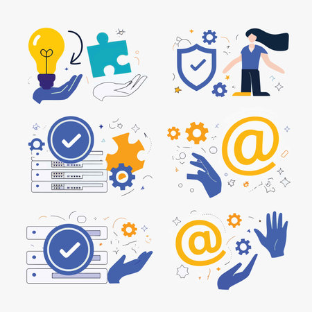 Dynamic Icons Showcase Innovation, Problem Solving, Security Measures, and Email Interaction , A Visual Guide to Modern Technologyの素材