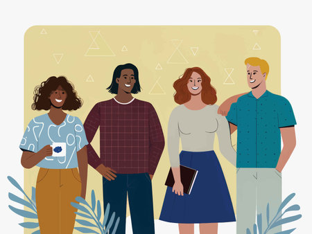 Unity Through Diversity: A Vibrant Graphic Illustration Capturing Four Individuals of Different Ages, Gender Identities, Body Types, and Clothing Styles in Friendly Poses Against a Geometric Background of Triangles in Soft Pastel Colorsの素材
