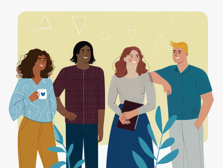 Geometric Harmony: A Group Portrait Illustration Featuring Diverse Characters in Natural Colorsの素材