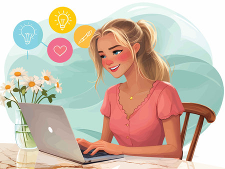 Joyful Creativity: A Vibrant Illustration Capturing a Stylish Woman's Happy Laptop Experience in a Productive and Inspiring Environmentの素材