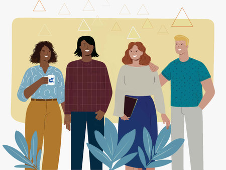 Distinctive Geometric Group Portrait: Four Individuals in Varied Clothing Styles Against a Colorful Backgroundの素材