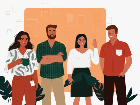 Confident Colleagues: A Semi Casual Gathering Illustration Featuring Abstract Orange and Beige Backgroundsの素材